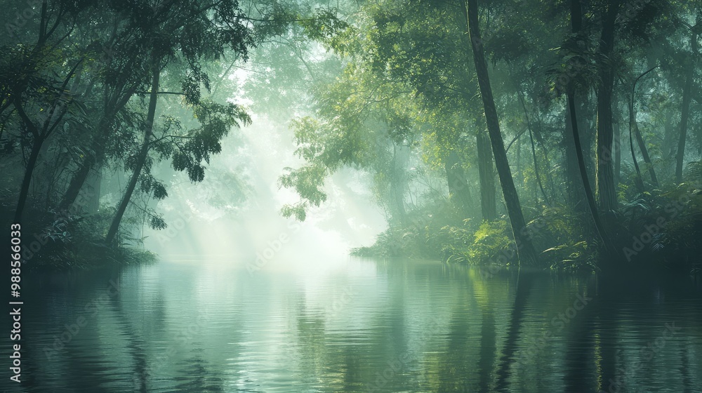 A quiet river winding through a dense, misty rainforest, with tall trees towering overhead and their reflections shimmering in the water. A quiet river winding through a dense, misty rainforest, with tall trees towering overhead and their reflections shimmering in the water.