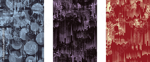 Set of posters with glitch distorted grunge texture. Poster collection texture with halftone dots, glitched shapes, textures and lines .Screen print vector poster pack with grunge textured surface