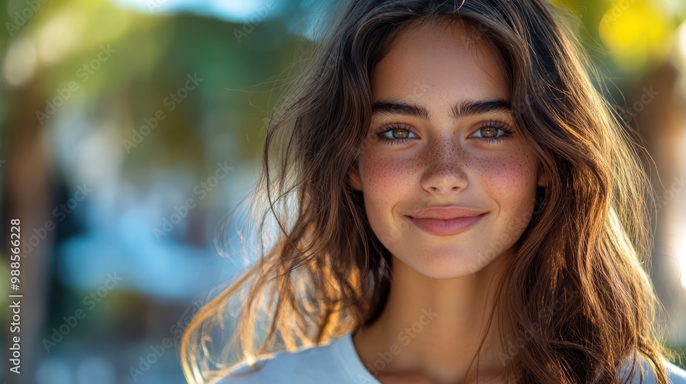 Smiling young woman with long hair, freckles, and a natural look outdoors. Beautiful and relaxed portrait taken in a sunny, green setting, capturing her confident, fresh appearance. Smiling young woman with long hair, freckles, and a natural look outdoors. Beautiful and relaxed portrait taken in a sunny, green setting, capturing her confident, fresh appearance.
