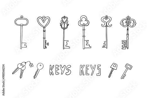 Set of keys in doodle style. House keys, deal. Housewarming. Home sweet home, welcome home, new home, happy house warming, Good for banner, cards, professional design. Hand drawn