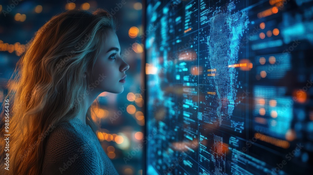 Woman looking at a digital map interface, surrounded by glowing blue holographic data in a futuristic, technology-filled room. Concept of global data analysis, AI, and modern innovation. Woman looking at a digital map interface, surrounded by glowing blue holographic data in a futuristic, technology-filled room. Concept of global data analysis, AI, and modern innovation.