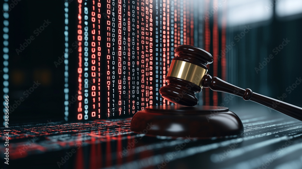 A gavel striking down on a digital platform, with binary code flowing outward, representing justice in the digital age. A gavel striking down on a digital platform, with binary code flowing outward, representing justice in the digital age.