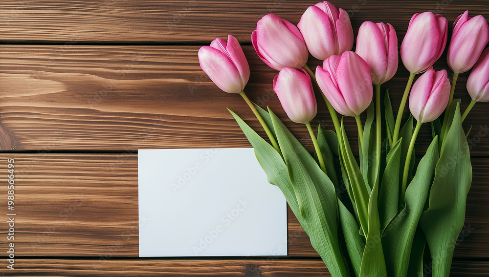 tulips and blank paper card on wooden background mockup tulips and blank paper card on wooden background mockup