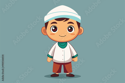 A cheerful young Muslim boy stands confidently in traditional clothing, showcasing joy and innocence, a cartoon character cute Muslim boy