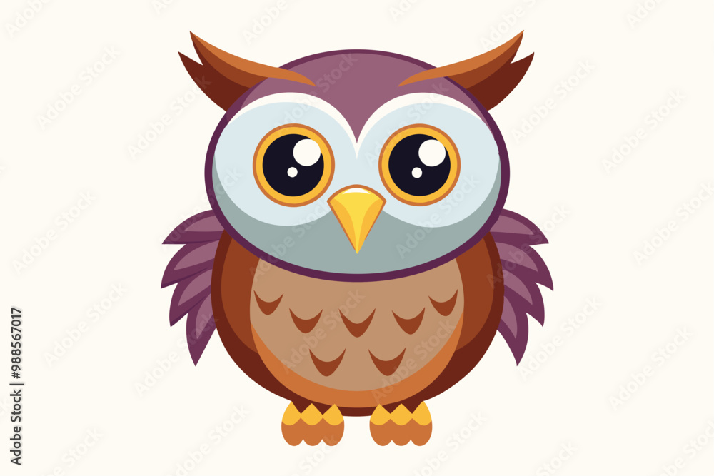 Fototapeta premium A charming cartoon owl stands with big eyes and vibrant feathers, exuding cuteness in a forest setting, a cartoon character cute owl