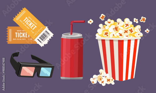 Movie theater icon set with popcorn, carbonated drink, tickets and 3d glasses. Time in the movie theater. Vector image. Isolated