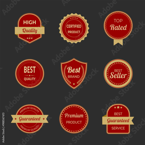Vector illustration set of high quality labels and badges in red and gold color. Includes premium, certified designs for seals and stamps. Ideal for certification, assurance, and premium tags
