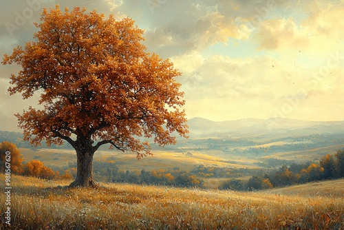 A serene autumn landscape featuring a majestic tree, perfect for Thanksgiving and Halloween promotions, seasonal greetings, and cozy family gatherings.