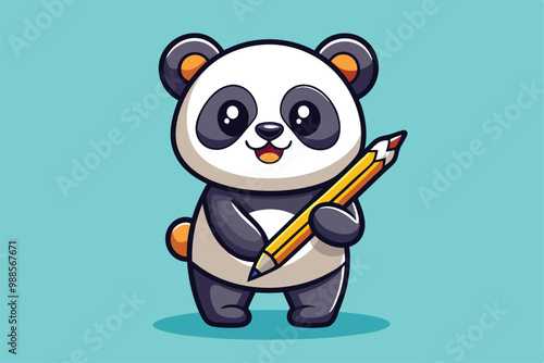 A cheerful panda character is excitedly holding a yellow pencil, ready to draw something fun, a cartoon character Cute Panda with Pencil