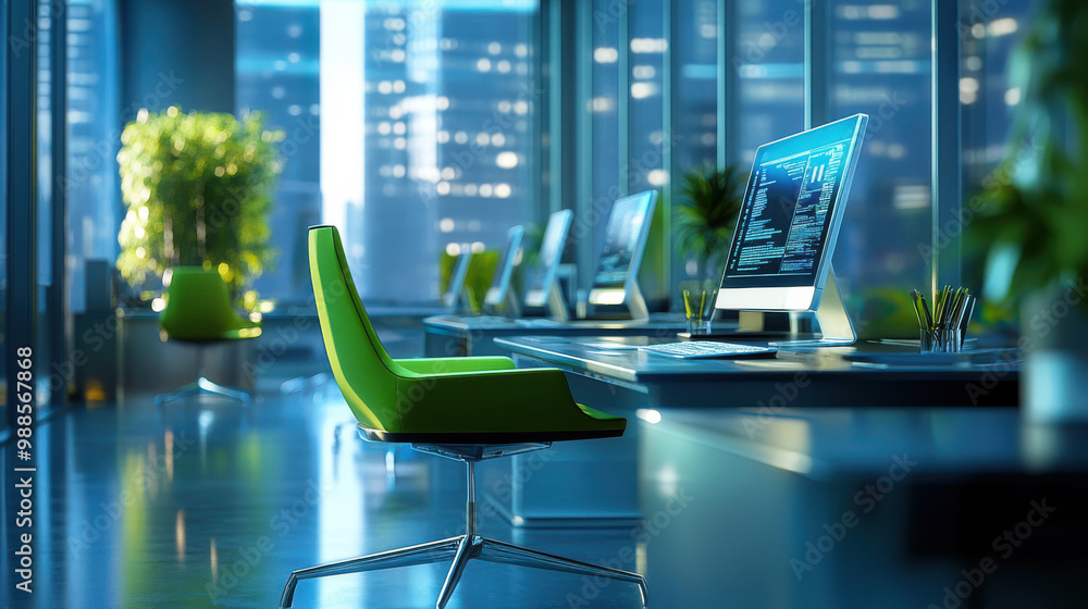 Modern office interior at night with green chairs, computers, and city skyline view through large windows. Technology workspace, contemporary design, business environment, coding stations. Modern office interior at night with green chairs, computers, and city skyline view through large windows. Technology workspace, contemporary design, business environment, coding stations.