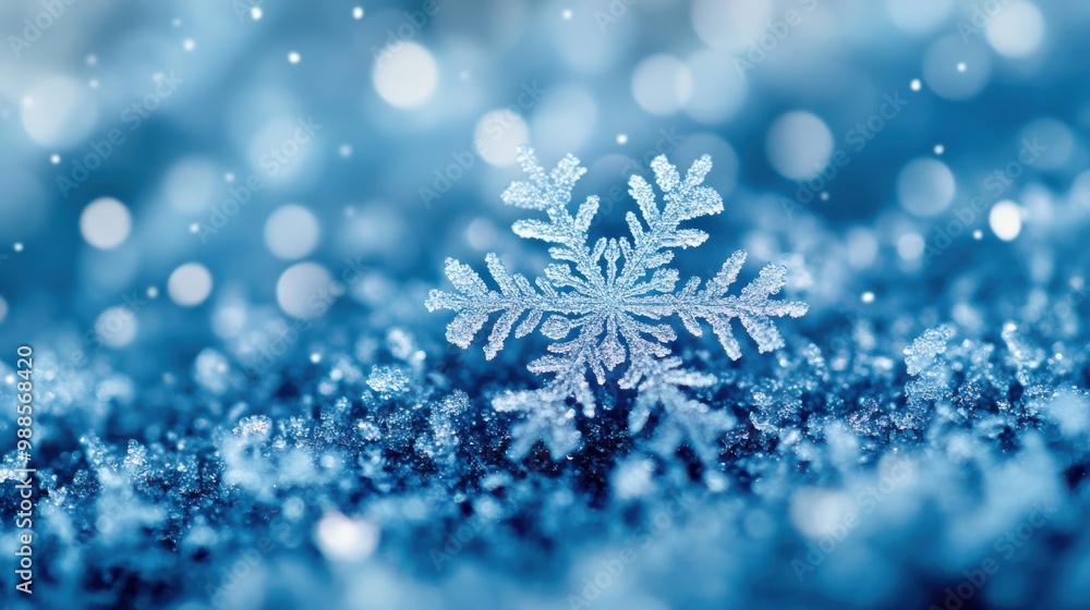 Intricate ice crystal snowflake on frosty blue surface with glowing bokeh lights. Winter season, delicate patterns, cold weather beauty, festive holiday, nature’s wonder in close-up photography. Intricate ice crystal snowflake on frosty blue surface with glowing bokeh lights. Winter season, delicate patterns, cold weather beauty, festive holiday, nature’s wonder in close-up photography.