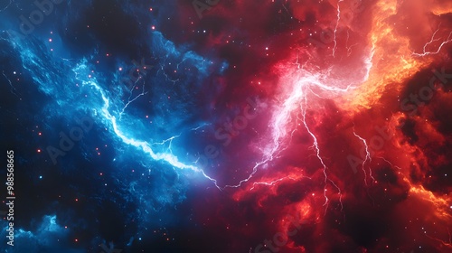 Abstract Cosmic Landscape with Lightning and Nebulae