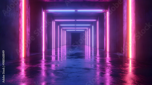 3D Neon Lights in a Hallway with Glowing Reflections