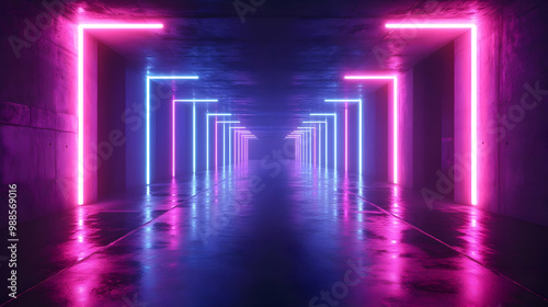 3D Neon Light Corridor - Glowing Abstract Background