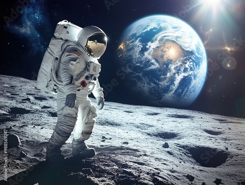 Astronaut on Moon with Earth in view