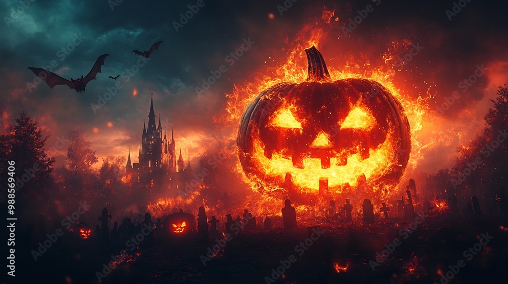 Fototapeta premium Spooky Halloween background showing menacing castle a pumpkin ablaze in flames within a graveyard and bats soaring through a shadowy night atmosphere