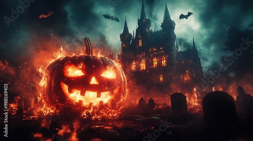 Spooky Halloween background showing menacing castle a pumpkin ablaze in flames within a graveyard and bats soaring through a shadowy night atmosphere