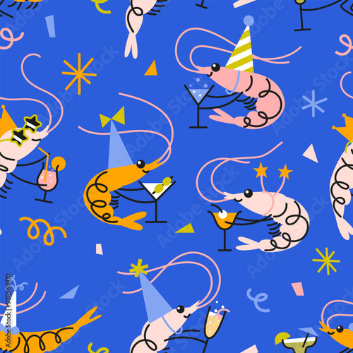 Seamless pattern with Cute shrimps in party hats and cocktails. Hand drawn vector illustration. Naive childish design. Cool comic character, restaurant poster, card, social media banner.