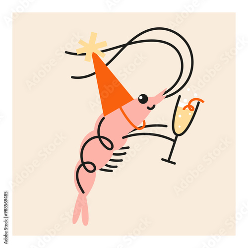 Cute  shrimp in party hat with cocktail. Hand drawn vector illustration. Funny animal isolated. Naive childish design. Cool comic character, restaurant poster, card, social media banner.