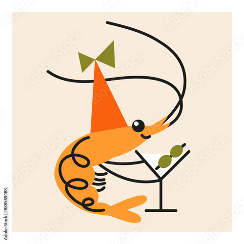 Cute  shrimp in party hat with cocktail. Hand drawn vector illustration. Funny animal isolated. Naive childish design. Cool comic character, restaurant poster, card, social media banner.