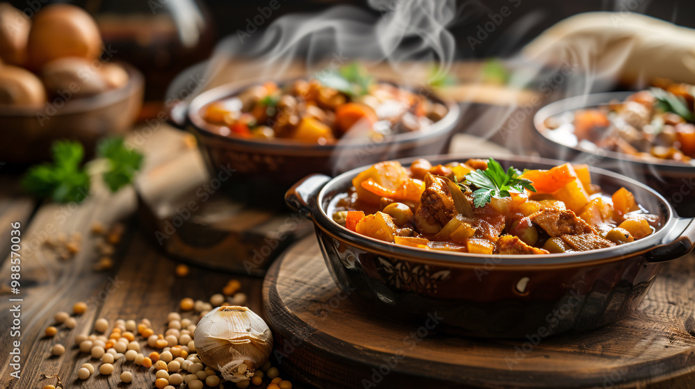 Steaming bowls of hearty vegetable stew. Set against a rustic wooden table. Steaming bowls of hearty vegetable stew. Set against a rustic wooden table.