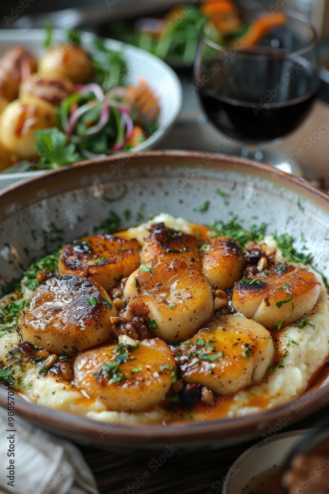 Delicious Pan-Seared Scallops on Creamy Mashed Potatoes with Salad and Wine Delicious Pan-Seared Scallops on Creamy Mashed Potatoes with Salad and Wine