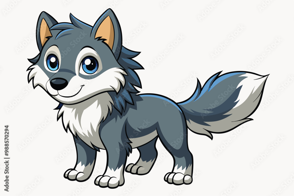 Obraz premium Adorable wolf cubs frolic playfully in a colorful meadow under a clear blue sky, a cartoon character Cute wolf cubs