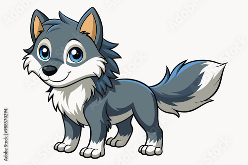 Adorable wolf cubs frolic playfully in a colorful meadow under a clear blue sky, a cartoon character Cute wolf cubs