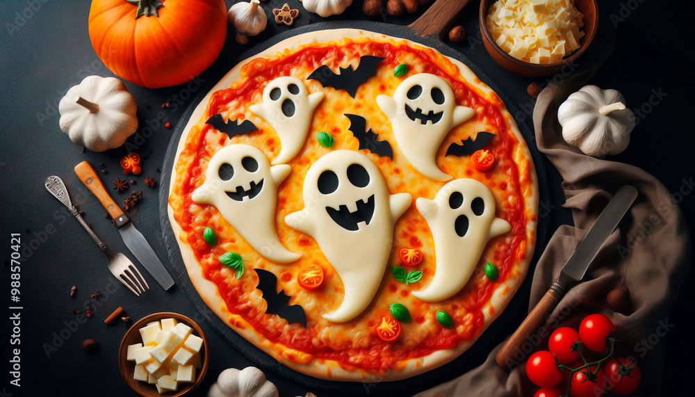Spooky halloween pizza with ghosts made from mozzarella cheese Spooky halloween pizza with ghosts made from mozzarella cheese