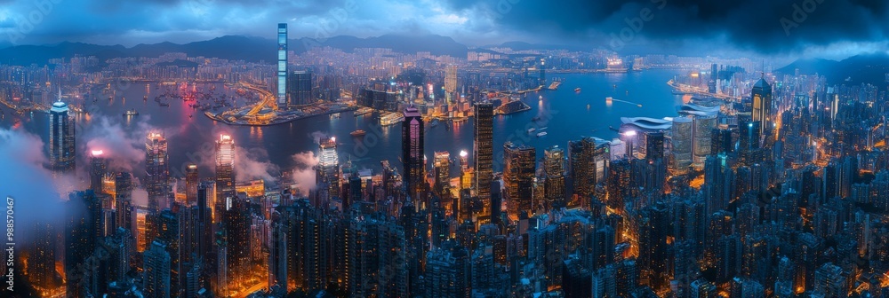 Fototapeta premium A breathtaking skyline view showcasing impressive skyscrapers alongside lively and vibrant city life all around