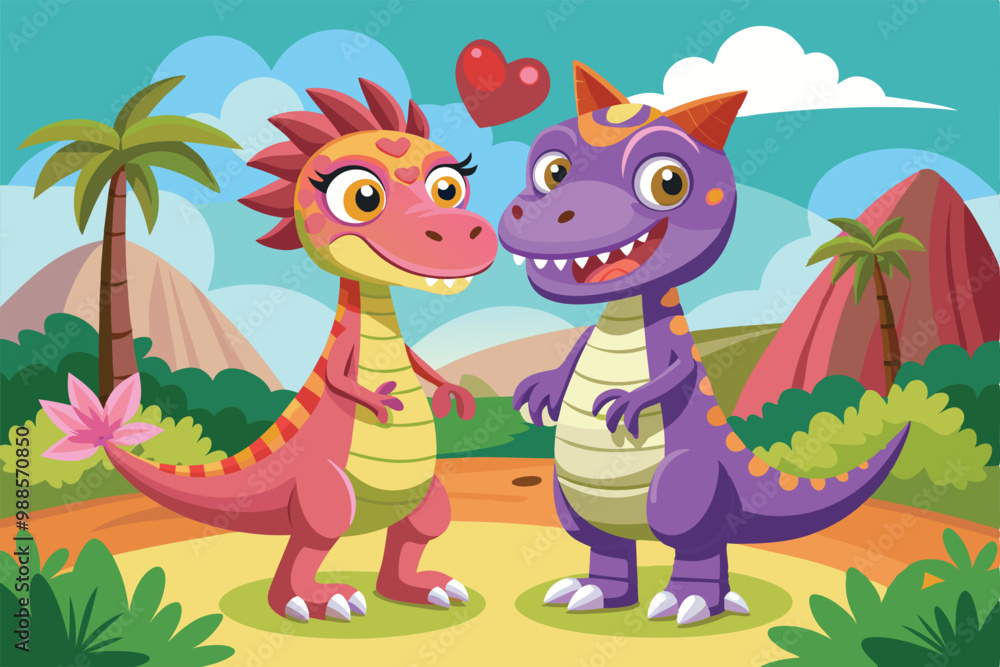 Fototapeta premium A cheerful dinosaur couple shares a loving moment in a colorful, lush environment, a cartoon character dino couple characters