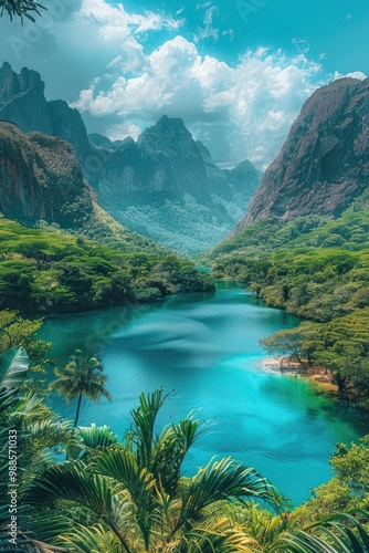 Stunning Aerial View of Tropical Mountain Lake Surrounded by Lush Green Forest