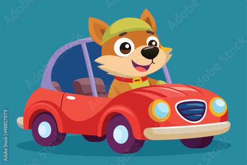 A playful dog drives a bright red car with a happy expression on a pleasant day, a cartoon character dog in car