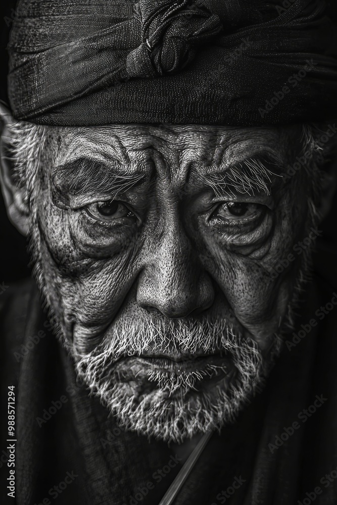 Close-Up Black and White Portrait of an Elderly Japanese Man in Traditional Samurai Robe and Headband, Emphasizing Deep Wrinkles and Stern Expression Close-Up Black and White Portrait of an Elderly Japanese Man in Traditional Samurai Robe and Headband, Emphasizing Deep Wrinkles and Stern Expression