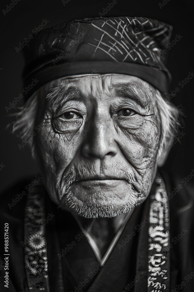 Close-Up Black and White Portrait of an Elderly Japanese Man in Traditional Samurai Robe and Headband, Emphasizing Deep Wrinkles and Stern Expression Close-Up Black and White Portrait of an Elderly Japanese Man in Traditional Samurai Robe and Headband, Emphasizing Deep Wrinkles and Stern Expression