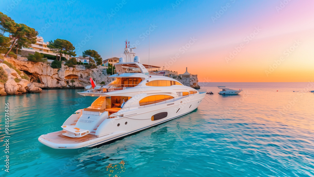 Fototapeta premium Sunset Serenity: A Luxurious Yacht Anchored in Crystal Waters