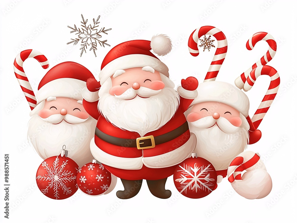 Fototapeta premium Christmas clipart with Santa, snowflakes, and candy canes.