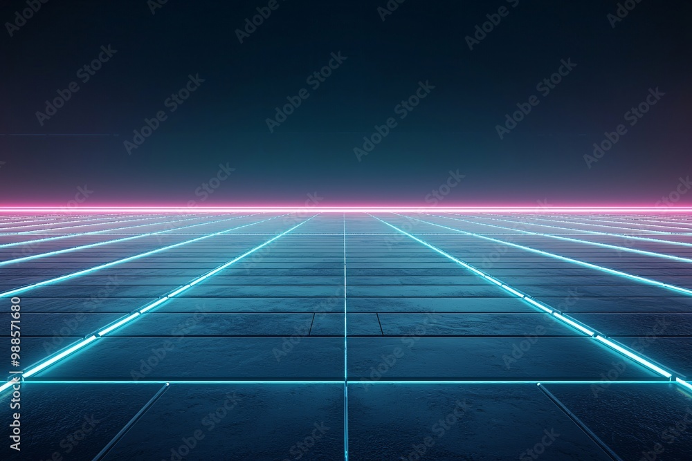 Neon grid horizon in a retro futuristic setting. Neon grid horizon in a retro futuristic setting.