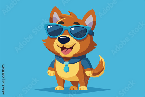 A cartoon dog dressed smartly with sunglasses smiles happily under sunny skies, a cartoon character dog with sunglasses