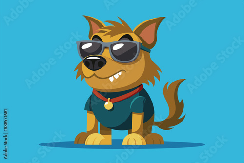 A cartoon dog with sunglasses sits coolly in a bright, colorful environment, a cartoon character dog with sunglasses