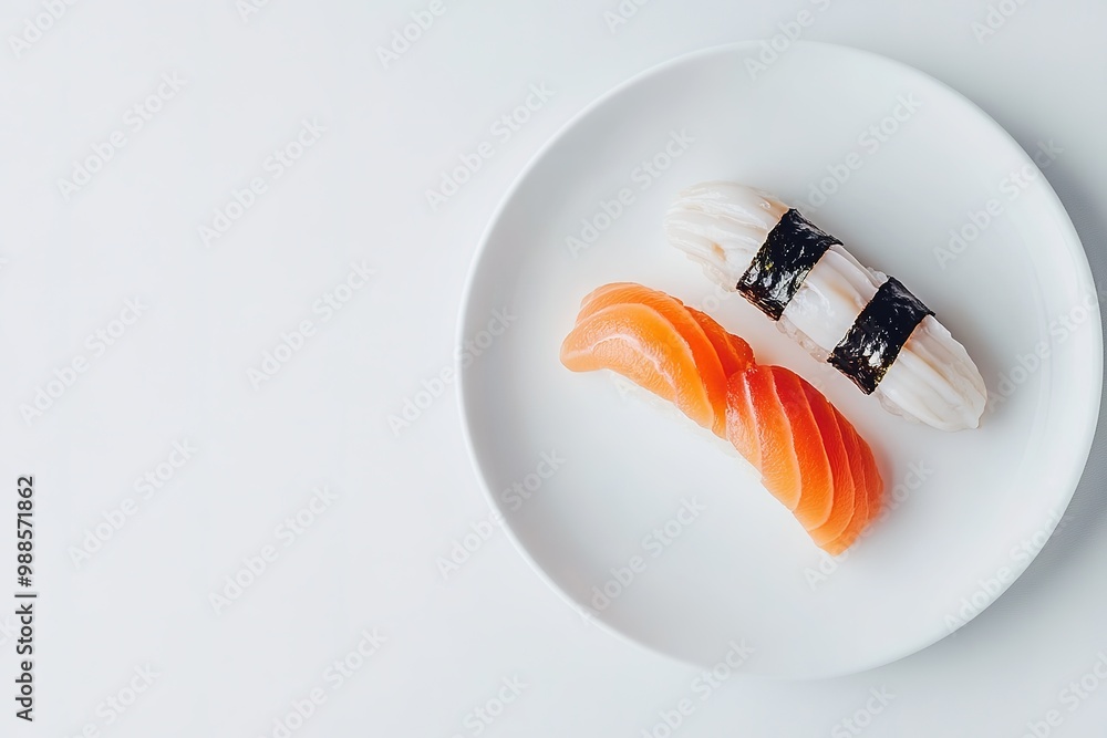 Fototapeta premium Minimal sushi set on white plate, top view