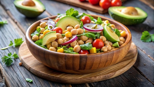 Chickpeas and avocado salad served in a wooden bowl.