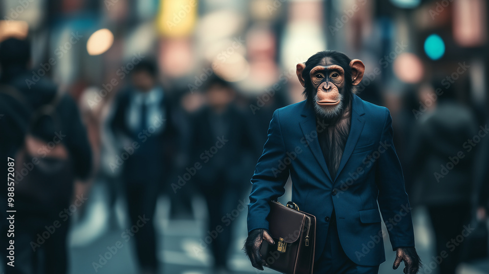 A monkey in a blue business suit holding a briefcase while walking through a busy city. A monkey in a blue business suit holding a briefcase while walking through a busy city.