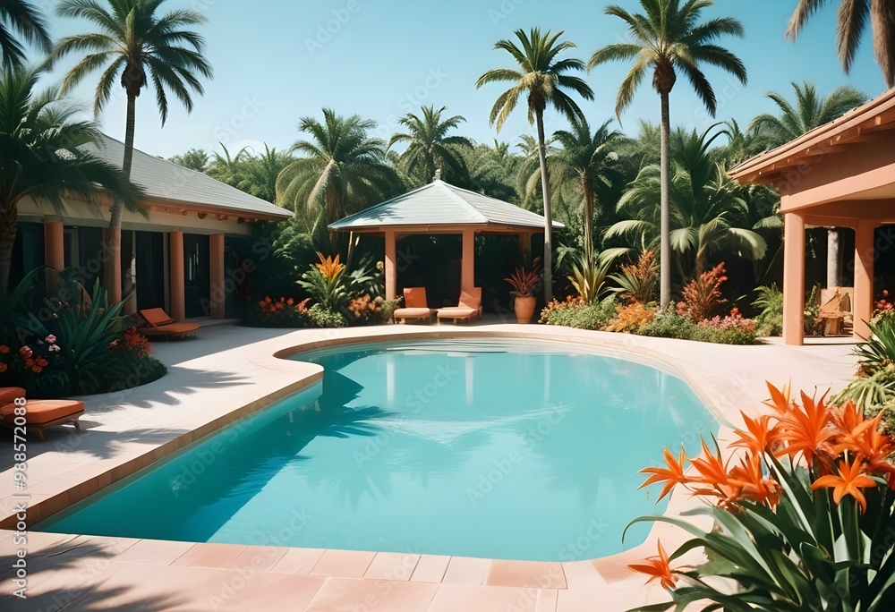 A tropical swimming pool with clear turquoise water and palm leaves reflected on the surface A tropical swimming pool with clear turquoise water and palm leaves reflected on the surface