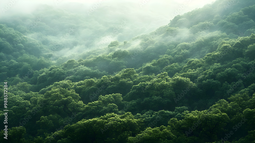 Lush green forest covered in mist, showcasing a serene landscape filled with vibrant foliage. Lush green forest covered in mist, showcasing a serene landscape filled with vibrant foliage.