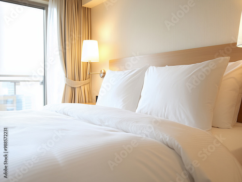 Illuminated modern bedroom at hotel 