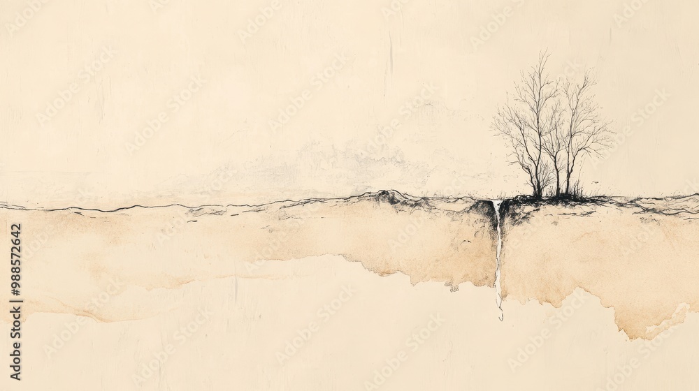 Fototapeta premium Biblical Illustration of a Parched Land with a Small Spring Beginning to Flow, Symbolizing Hope for Renewal and Healing Amidst Despair, Psalms 38