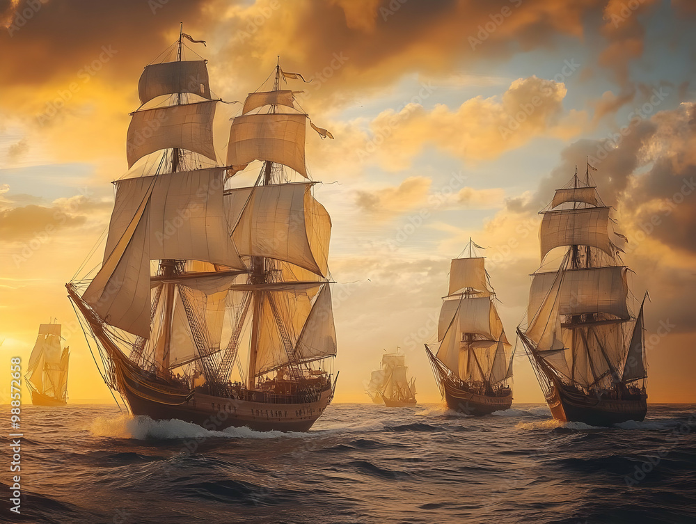 Fototapeta premium Historic ships sailing under a dramatic sunset sky, showcasing majestic sails and lively ocean waves.