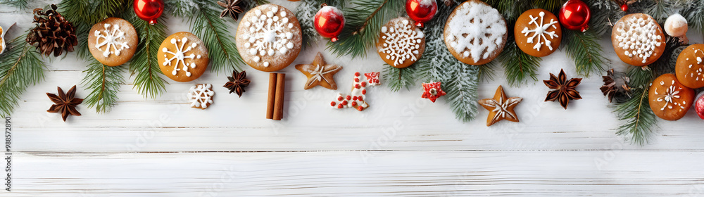 Red Christmas balls, gingerbread and spice with spruce branches and pine cones covered with snow and snowfall on white wooden board background. Red Christmas balls, gingerbread and spice with spruce branches and pine cones covered with snow and snowfall on white wooden board background.
