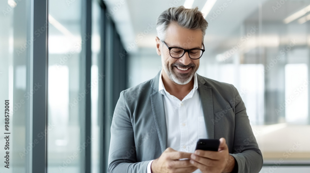 A happy middle-aged man in casual linen stands inside an office, looking at his phone and smiling as he reads something on it. A happy middle-aged man in casual linen stands inside an office, looking at his phone and smiling as he reads something on it.